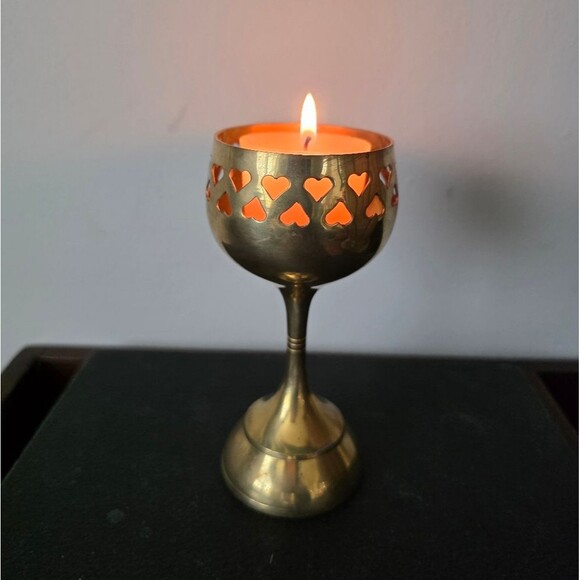 Vintage Brass Candle Holder Voltive Tea Heart Shape Punch Goblet Style 5.5'H - Picture 2 of 7